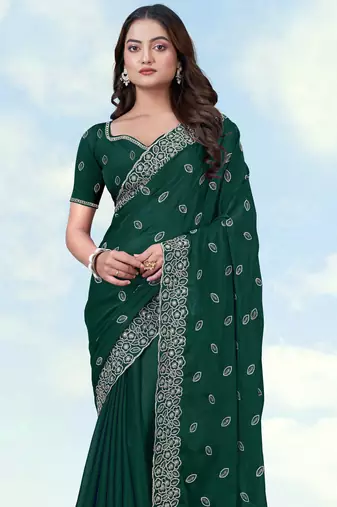 Green georgette embroidery work saree with unstitched blouse piece