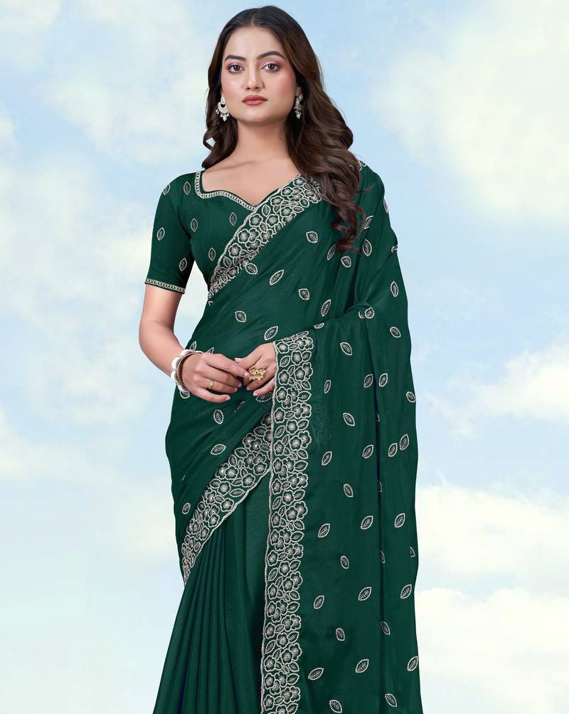 Green georgette embroidery work saree with unstitched blouse piece