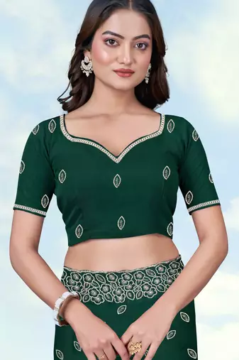Green georgette embroidery work saree with unstitched blouse piece