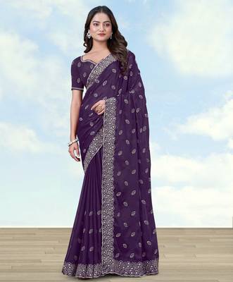 Purple georgette embroidery work saree with unstitched blouse piece 1