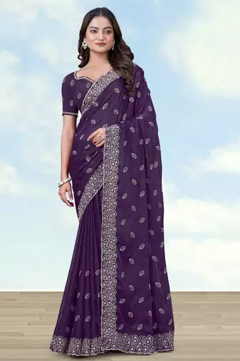 Purple georgette embroidery work saree with unstitched blouse piece