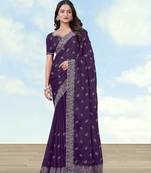 Purple georgette embroidery work saree with unstitched blouse piece