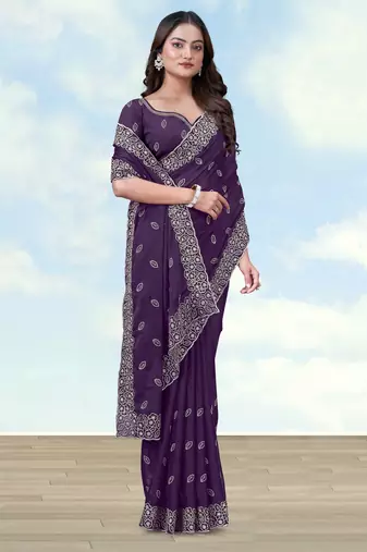Purple georgette embroidery work saree with unstitched blouse piece