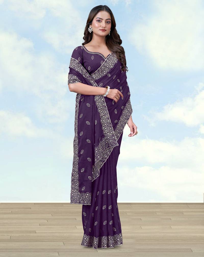 Purple georgette embroidery work saree with unstitched blouse piece