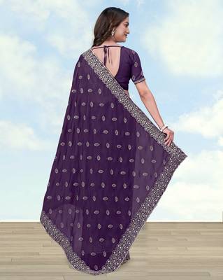 Purple georgette embroidery work saree with unstitched blouse piece 3
