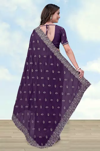 Purple georgette embroidery work saree with unstitched blouse piece