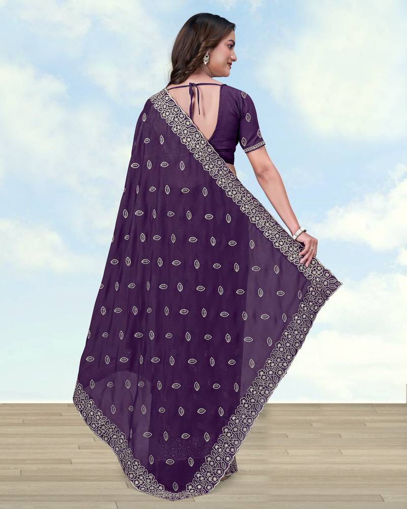 Purple georgette embroidery work saree with unstitched blouse piece