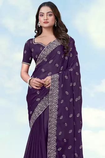Purple georgette embroidery work saree with unstitched blouse piece