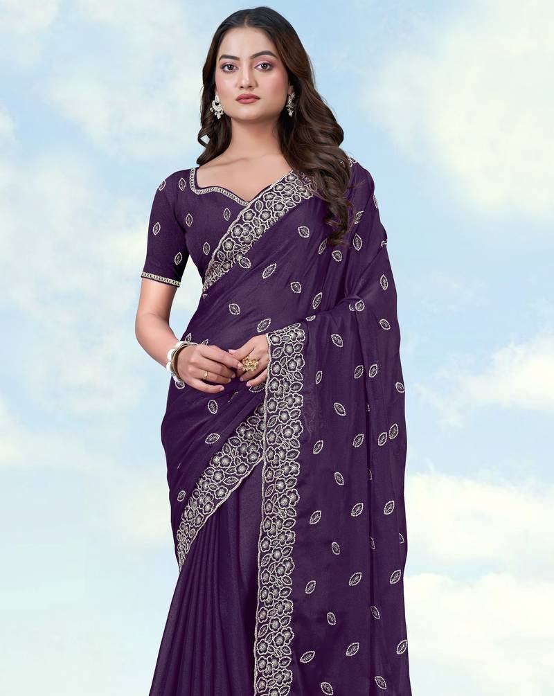 Purple georgette embroidery work saree with unstitched blouse piece