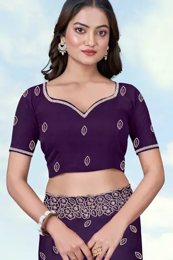 Purple georgette embroidery work saree with unstitched blouse piece