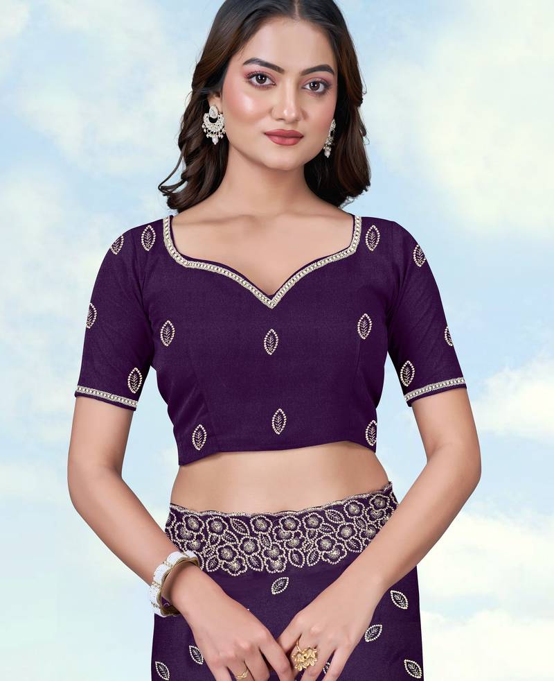 Purple georgette embroidery work saree with unstitched blouse piece