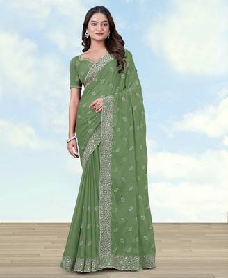 Pista georgette embroidery work saree with unstitched blouse piece 1