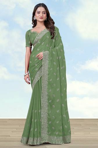 Pista georgette embroidery work saree with unstitched blouse piece