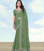 Pista georgette embroidery work saree with unstitched blouse piece