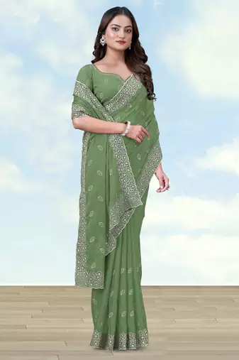 Pista georgette embroidery work saree with unstitched blouse piece