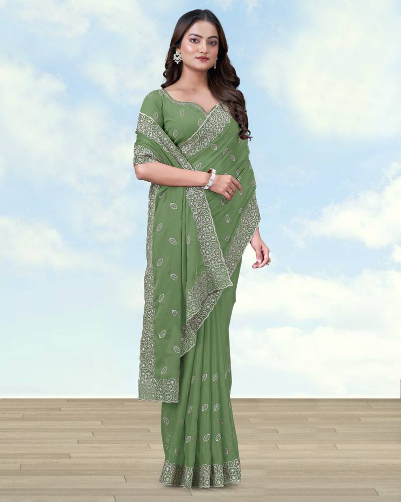 Pista georgette embroidery work saree with unstitched blouse piece