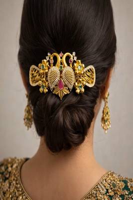 22k Gold Plated Peacock Hair Clip – Antique South Indian Bridal Jada Billu Accessory 1