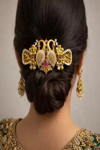 22k Gold Plated Peacock Hair Clip – Antique South Indian Bridal Jada Billu Accessory