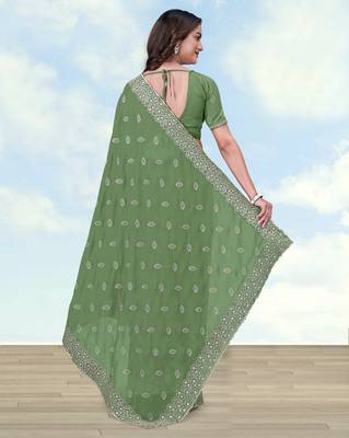 Pista georgette embroidery work saree with unstitched blouse piece 3