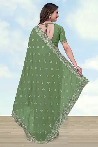 Pista georgette embroidery work saree with unstitched blouse piece