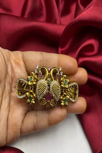 22k Gold Plated Peacock Hair Clip – Antique South Indian Bridal Jada Billu Accessory