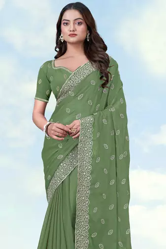 Pista georgette embroidery work saree with unstitched blouse piece