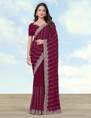 Wine georgette embroidery work saree with unstitched blouse piece 1