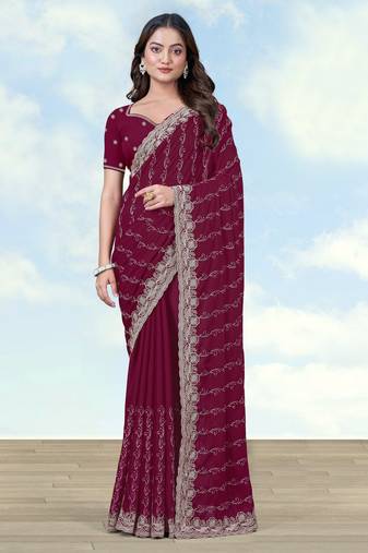 Wine georgette embroidery work saree with unstitched blouse piece