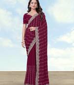 Wine georgette embroidery work saree with unstitched blouse piece