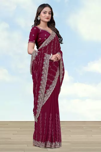 Wine georgette embroidery work saree with unstitched blouse piece