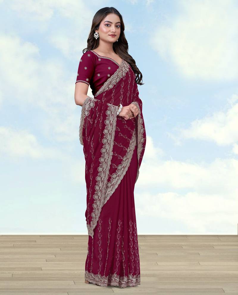 Wine georgette embroidery work saree with unstitched blouse piece
