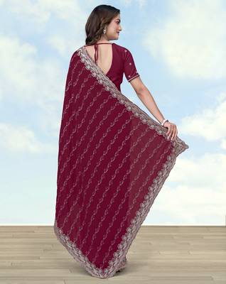 Wine georgette embroidery work saree with unstitched blouse piece 3