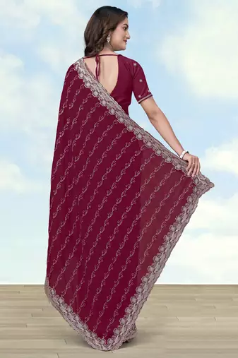 Wine georgette embroidery work saree with unstitched blouse piece
