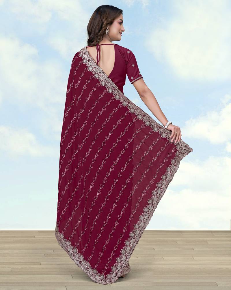 Wine georgette embroidery work saree with unstitched blouse piece