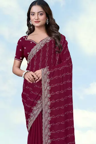 Wine georgette embroidery work saree with unstitched blouse piece
