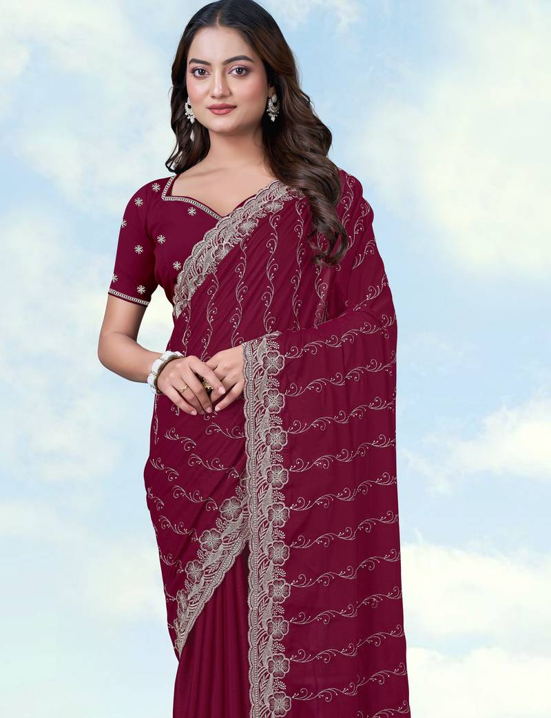 Wine georgette embroidery work saree with unstitched blouse piece