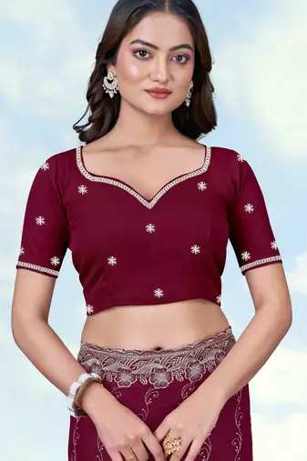 Wine georgette embroidery work saree with unstitched blouse piece