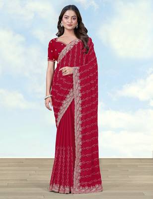 Pink georgette embroidery work saree with unstitched blouse piece 1