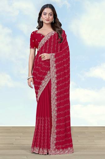 Pink georgette embroidery work saree with unstitched blouse piece