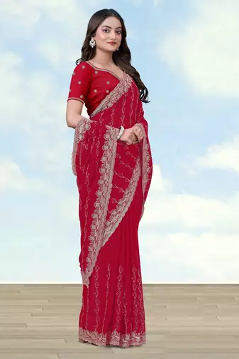 Pink georgette embroidery work saree with unstitched blouse piece