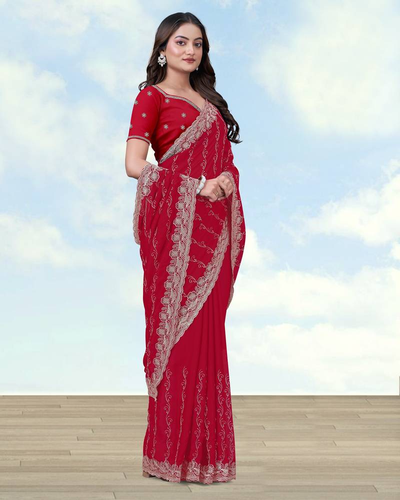 Pink georgette embroidery work saree with unstitched blouse piece