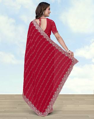 Pink georgette embroidery work saree with unstitched blouse piece 3