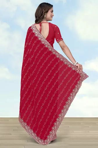 Pink georgette embroidery work saree with unstitched blouse piece