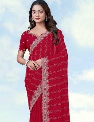 Pink georgette embroidery work saree with unstitched blouse piece 4