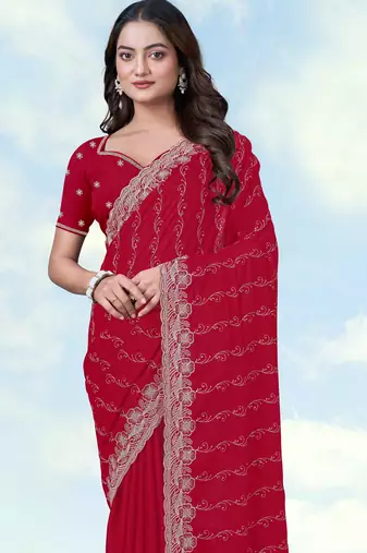 Pink georgette embroidery work saree with unstitched blouse piece