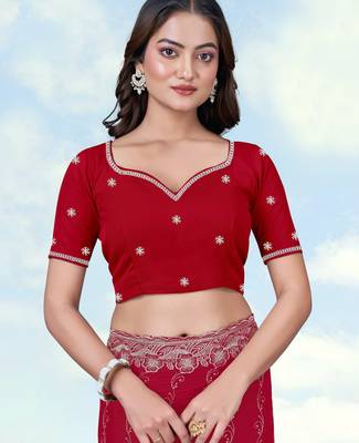 Pink georgette embroidery work saree with unstitched blouse piece 5