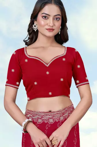 Pink georgette embroidery work saree with unstitched blouse piece