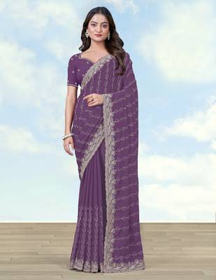 Lavender georgette embroidery work saree with unstitched blouse piece 1