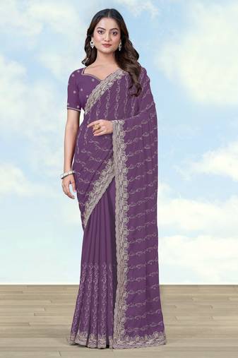 Lavender georgette embroidery work saree with unstitched blouse piece