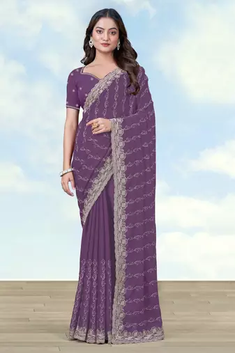 Lavender georgette embroidery work saree with unstitched blouse piece